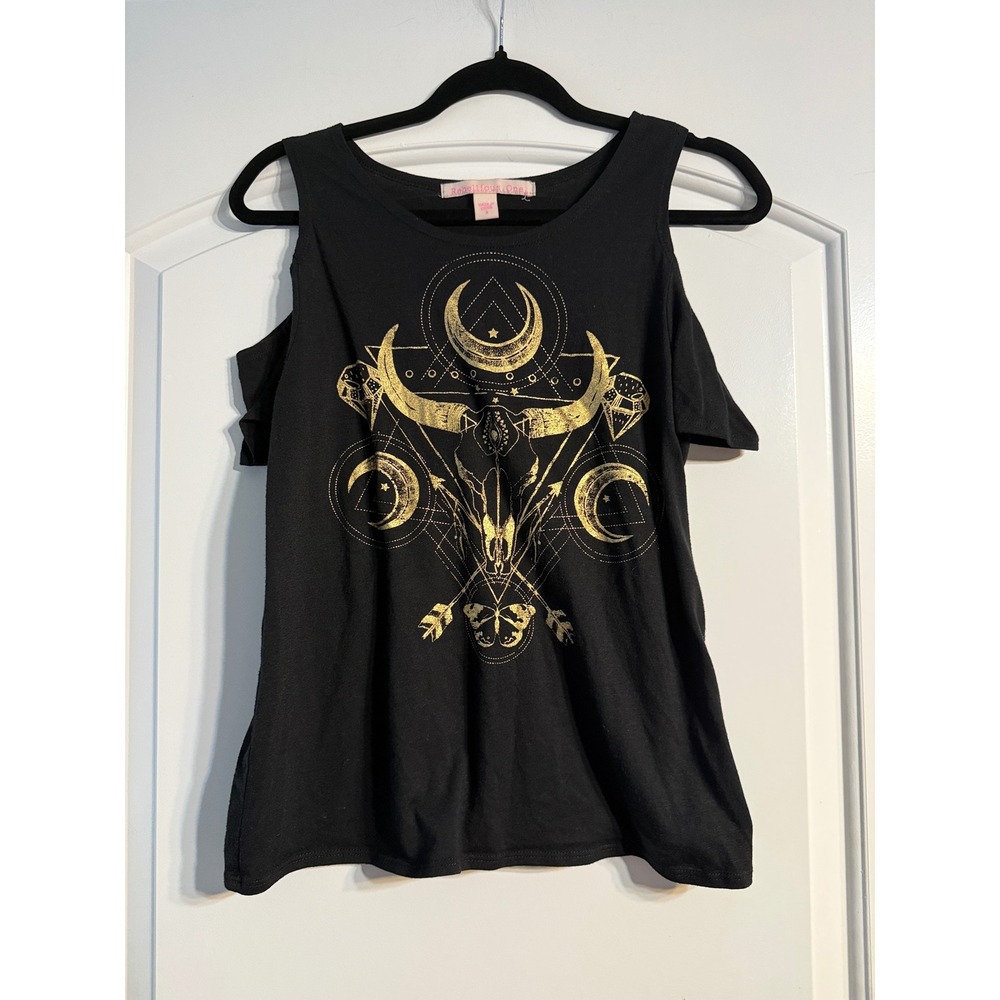 Streetwear Society Cold Shoulder Top XL Black Celestial Skull Edgy Goth Mystic